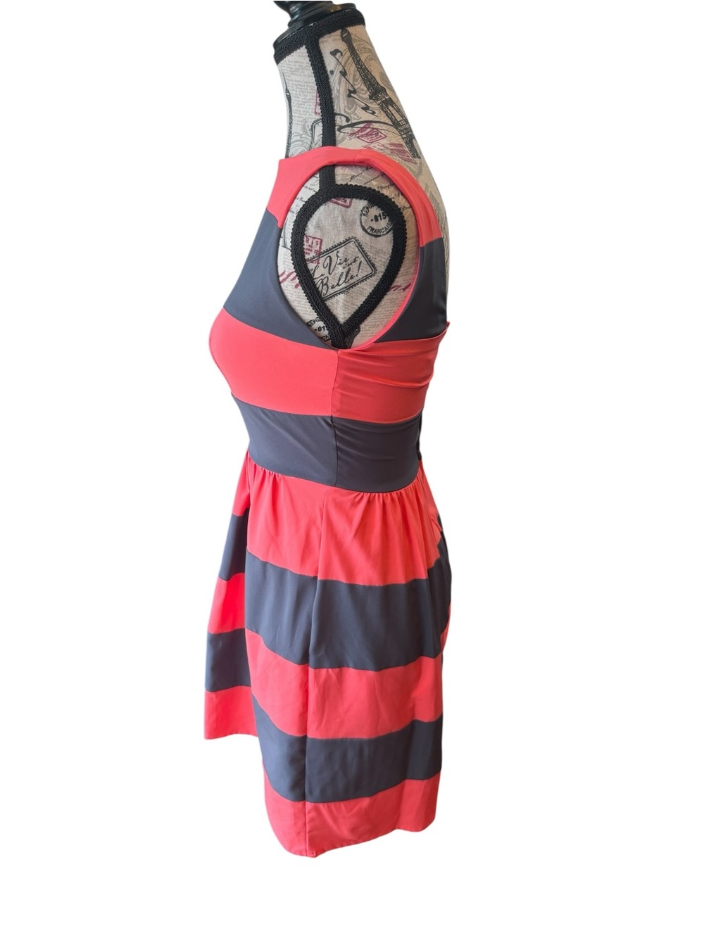 B Darlin Coral and Charcoal Striped Fit & Flare Dress - Picture 2 of 6